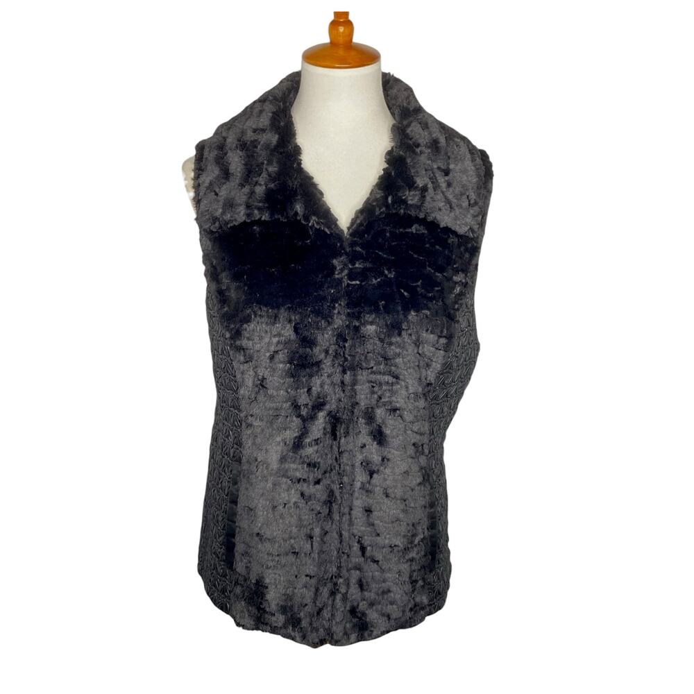 Chico's Faux Fur Vest Womens Large 12 Black Textured Hook Eye Glam